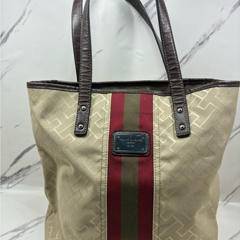 Tommy Hilfiger Tan and Brown Tote with Red Stripe